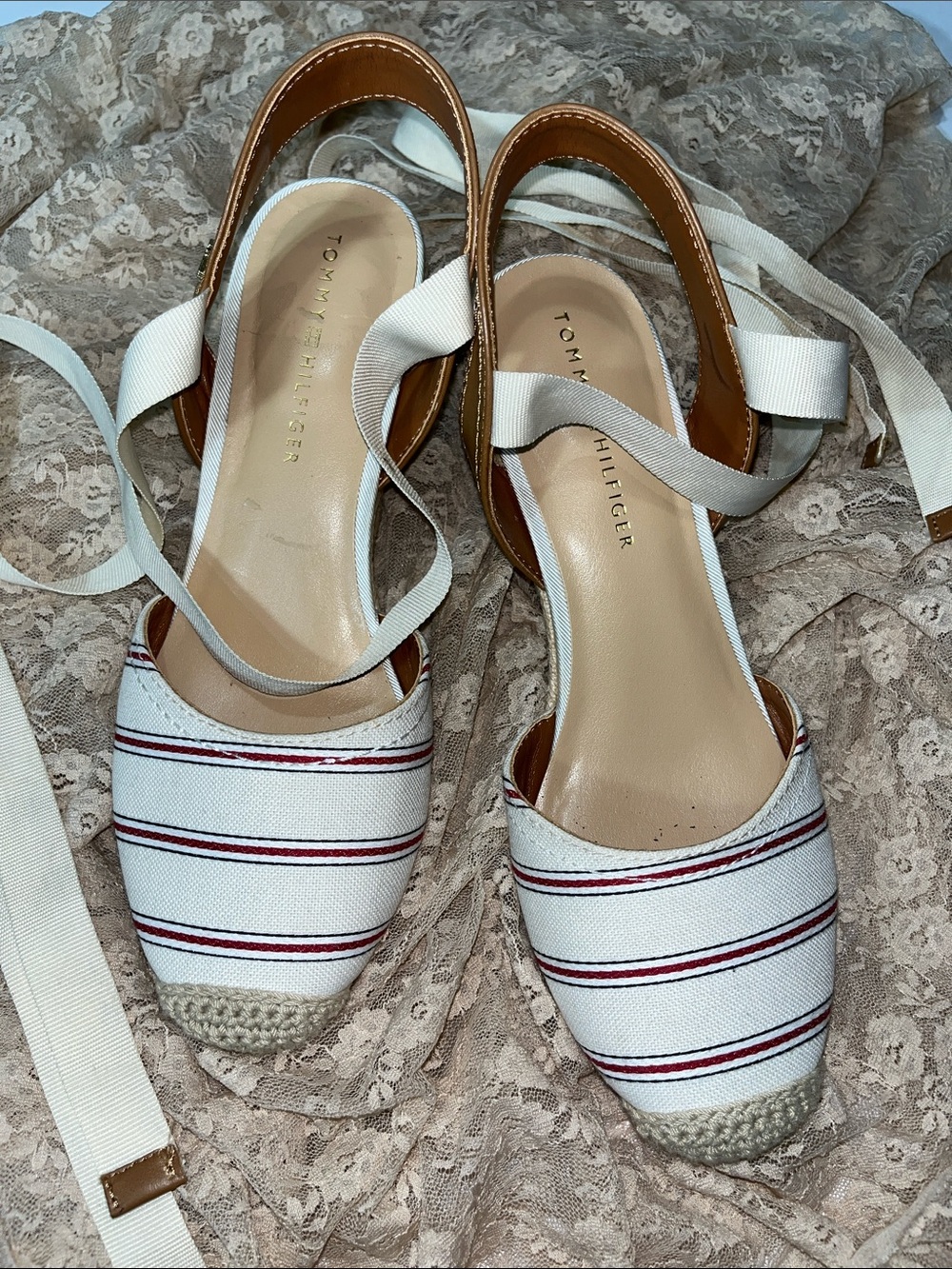 Tommy Hilfiger White Espadrille Wedges with Navy and Red Stripes